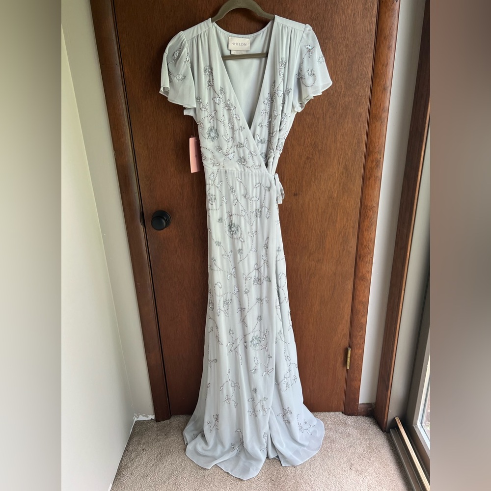 BHLDN Anthropologie Plymouth Beaded Wrap Dress in Fog Grey | Size 10 | NWT - Picture 2 of 8